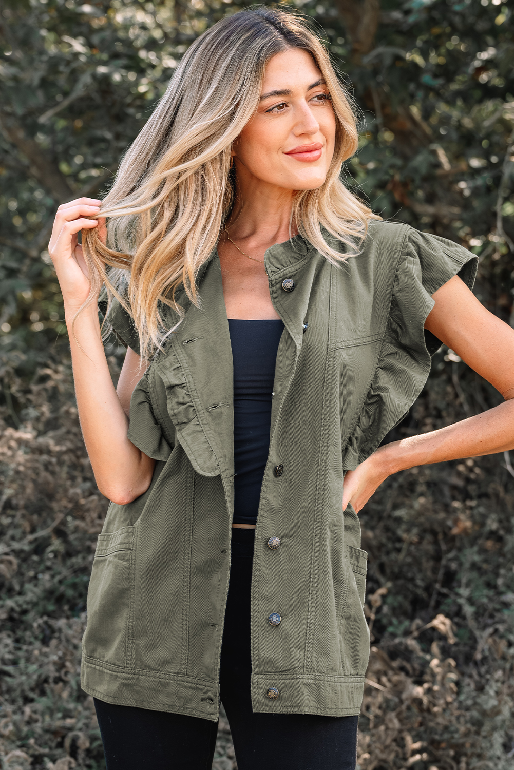 Green Bay Ruffled Patchwork Denim Jacket Vest - Image 12