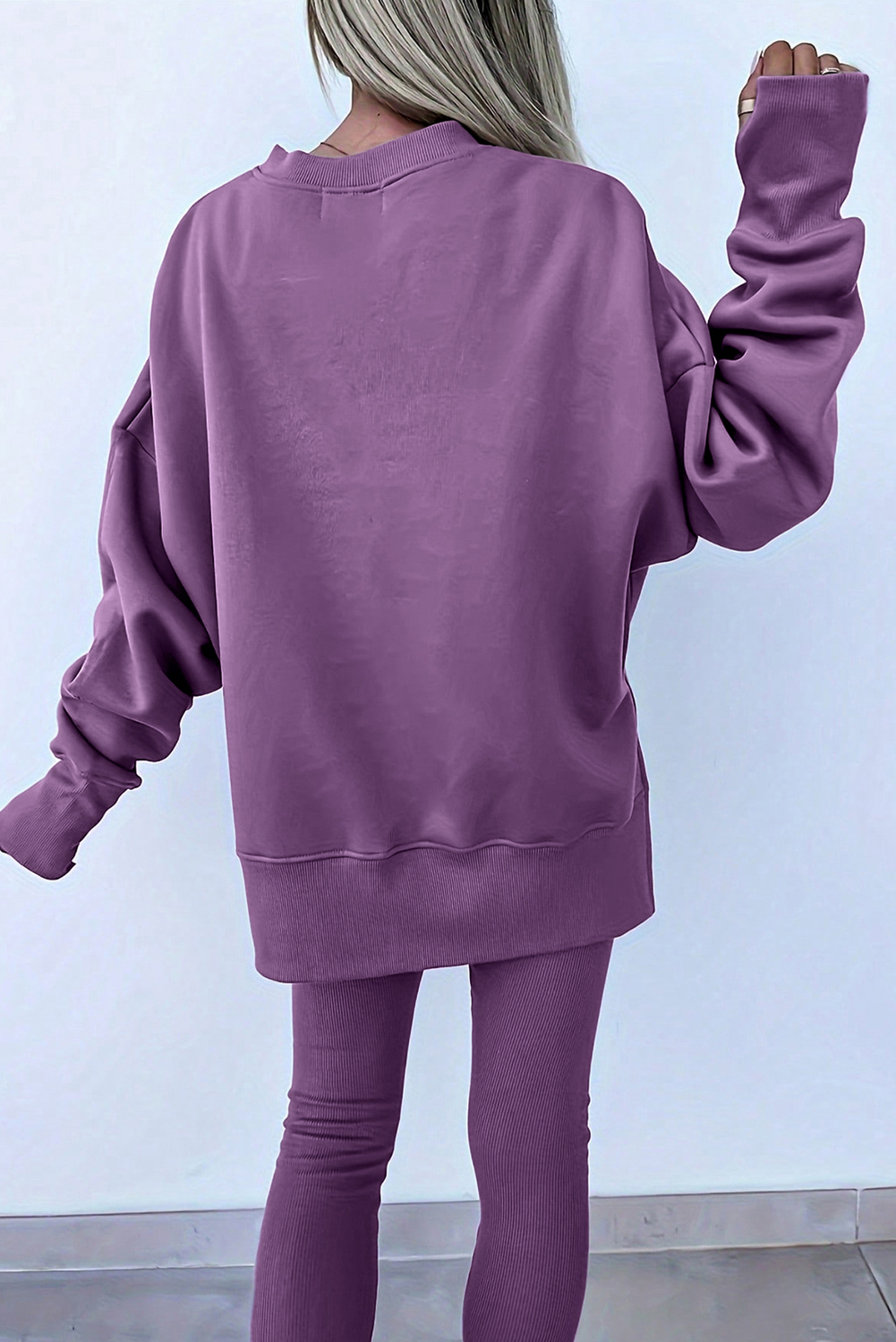 Jet Stream Solid Color Oversize Slit Sweatshirt Ribbed Leggings 2pcs Set - Image 13