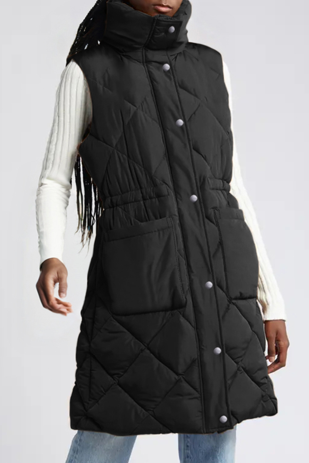Coffee Longline Quilted Stand Collar Puffer Vest - Image 4