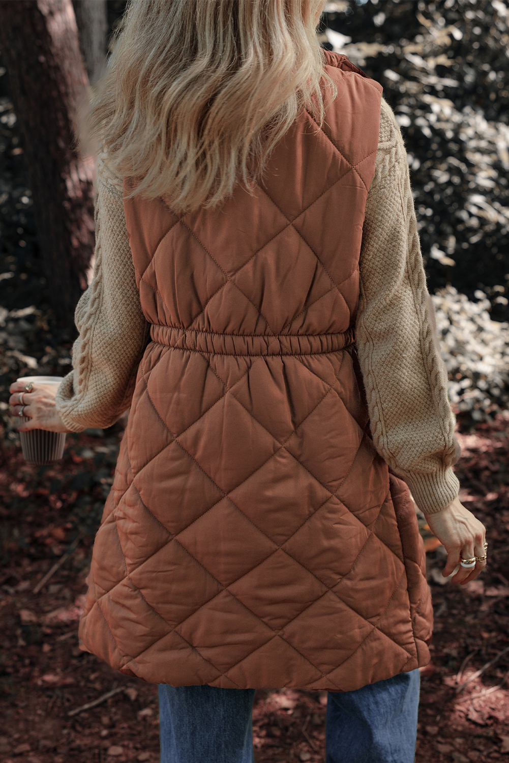 Coffee Longline Quilted Stand Collar Puffer Vest - Image 2