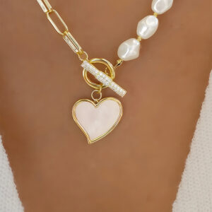 Gold Heart Shape Pendant Rhinestone Decor Pearl Chain Necklace