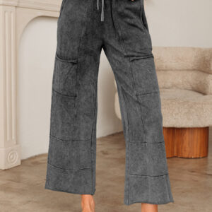 Medium Grey Mineral Wash Lace-up High Waist Raw Hem Patched Pocket Pants