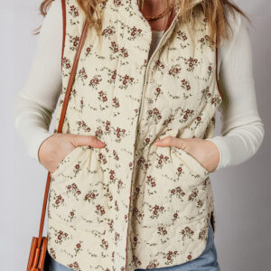 Apricot Floral Print Zip Up Quilted Vest