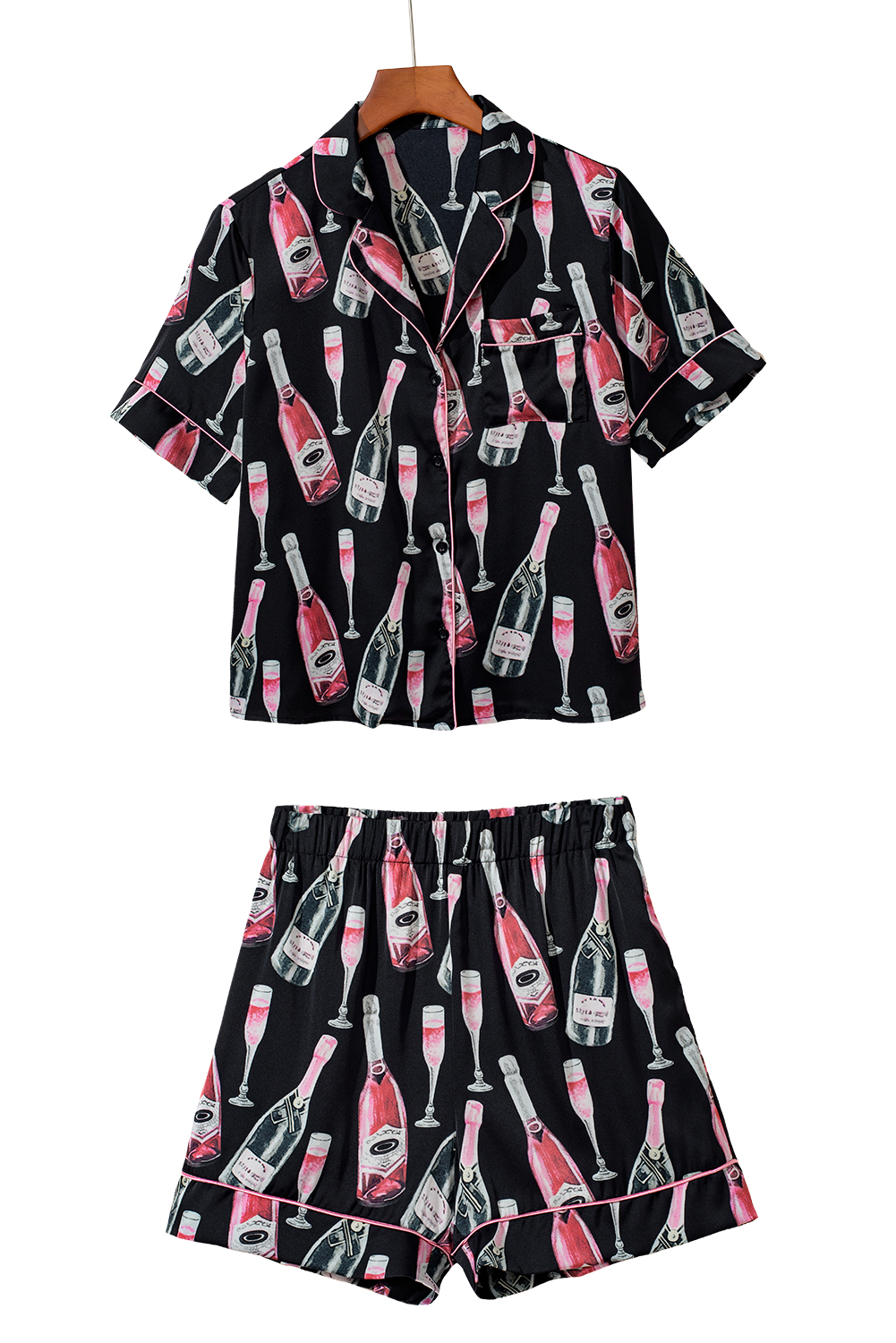 Black Champagne Print Silky Short Sleeve Pajamas Set - Image 7