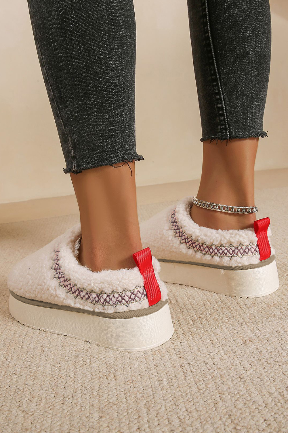 Chestnut Embroidered Sherpa Plush Thick Sole Snow Boots - Image 5