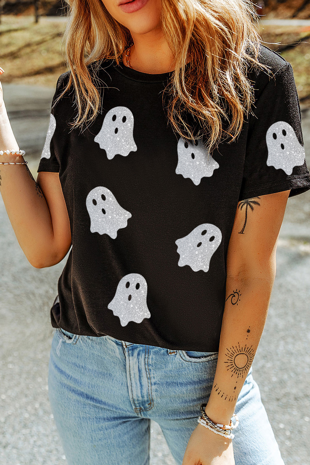 Black Glitter Ghost Pattern Crew Neck Halloween T Shirt - Image 2