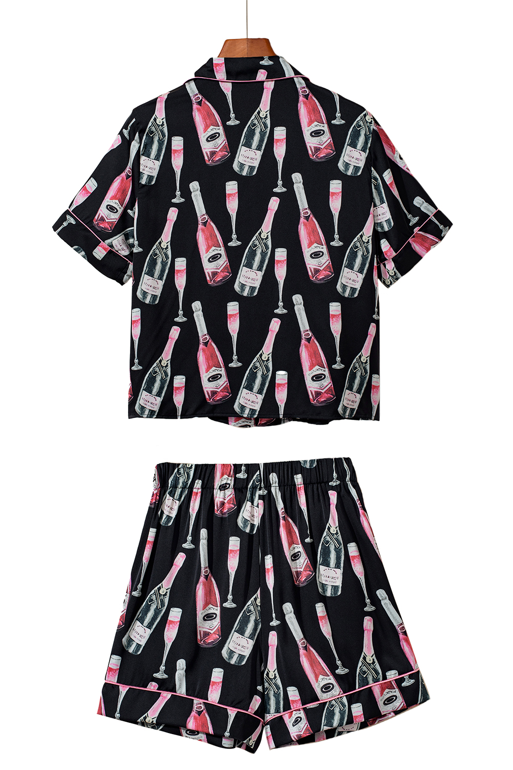 Black Champagne Print Silky Short Sleeve Pajamas Set - Image 6