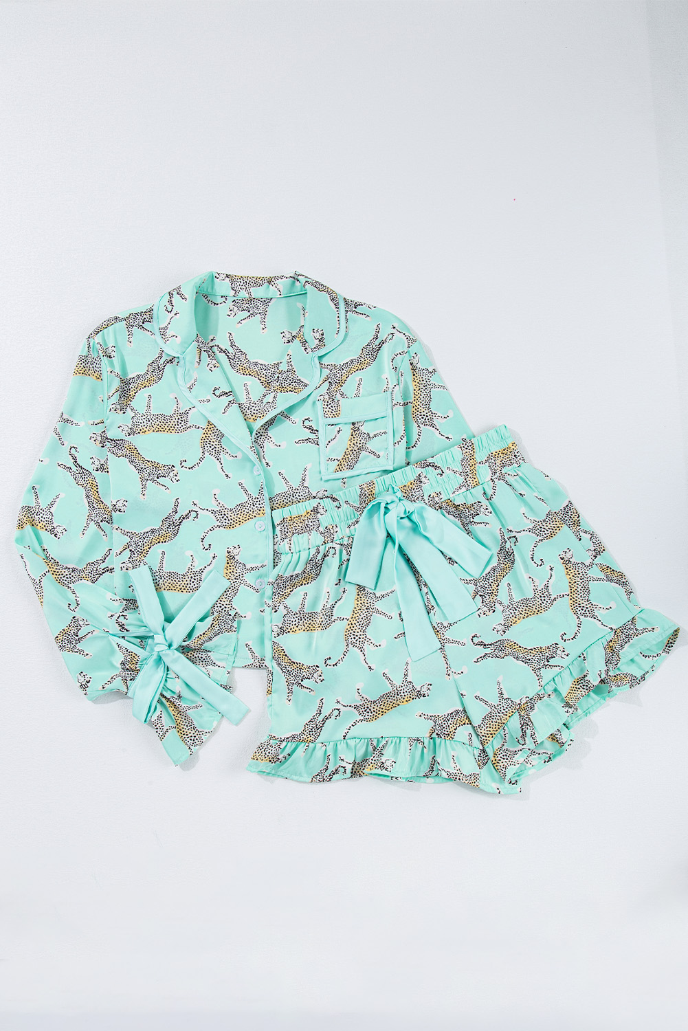 Green Leopard Satin Ruffle Pajama Short Set - Image 7