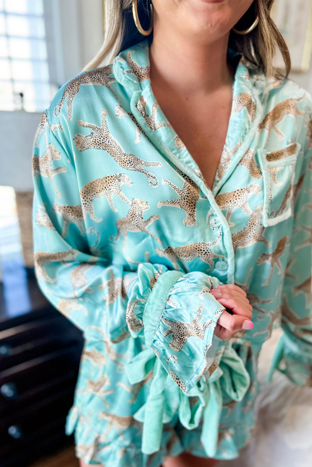 Green Leopard Satin Ruffle Pajama Short Set - Image 5