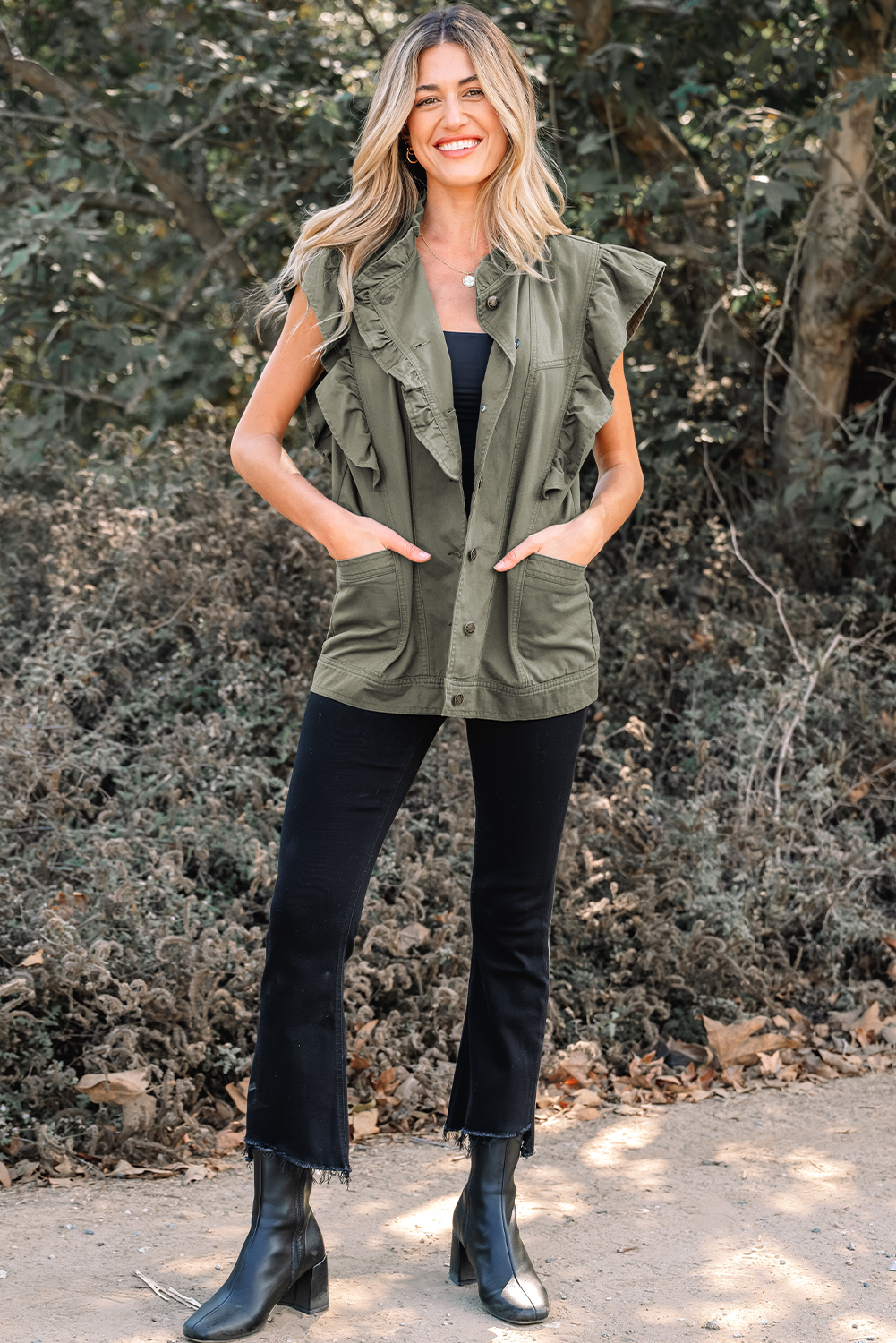 Green Bay Ruffled Patchwork Denim Jacket Vest - Image 13