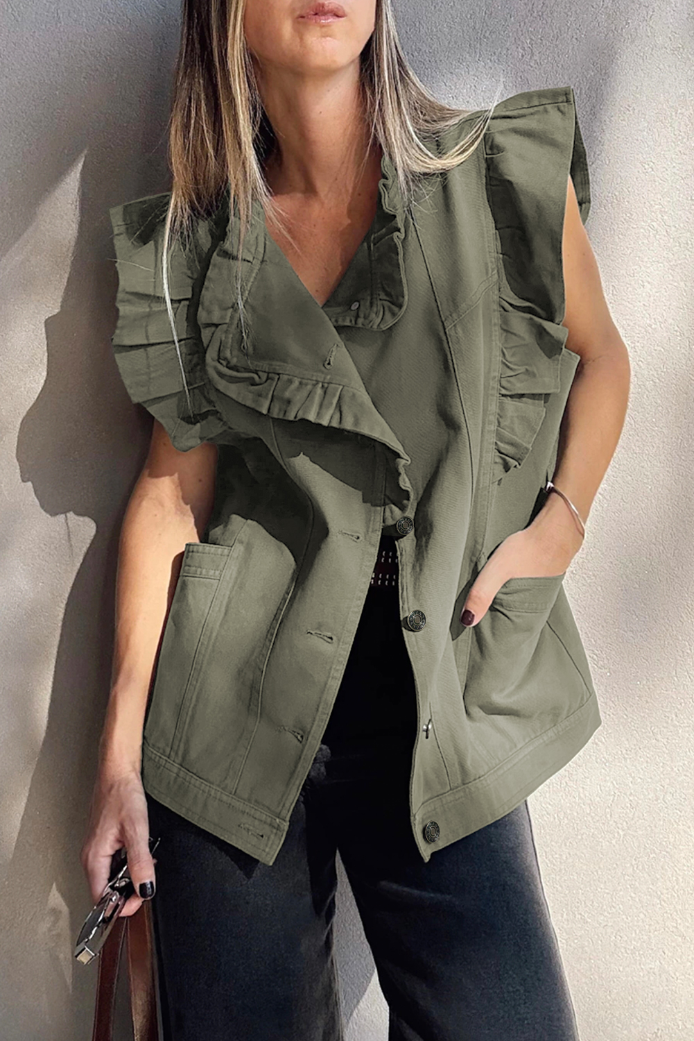 Green Bay Ruffled Patchwork Denim Jacket Vest - Image 3