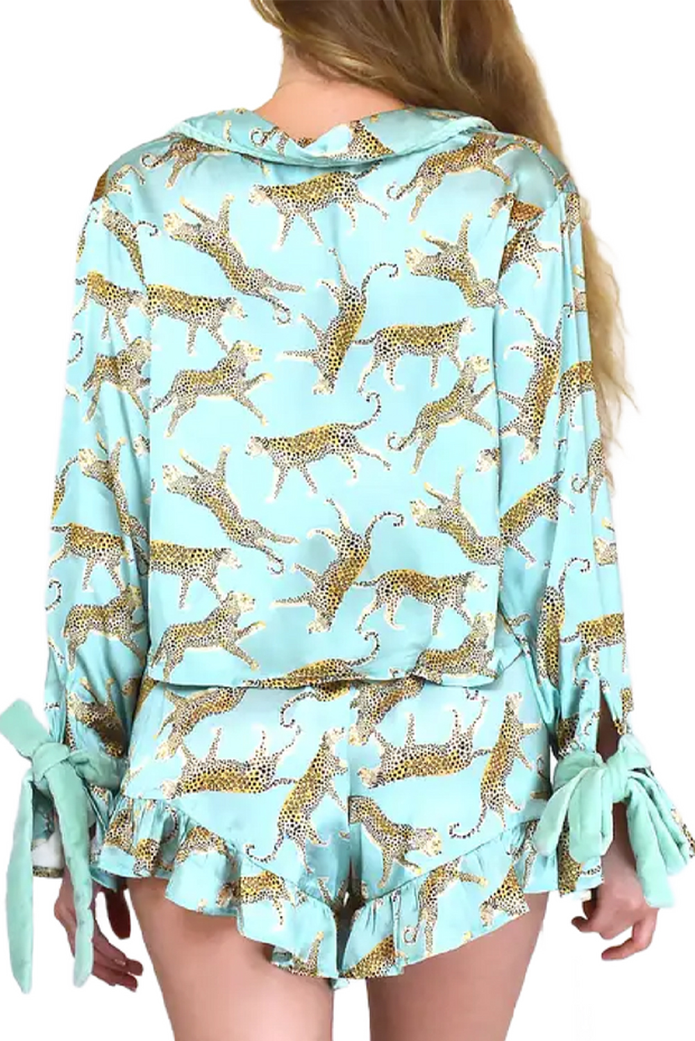 Green Leopard Satin Ruffle Pajama Short Set - Image 6