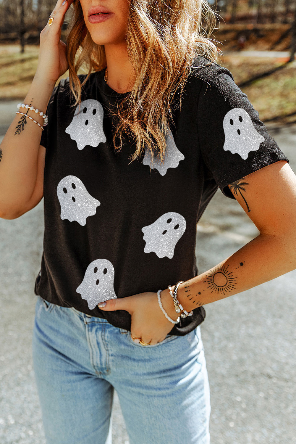 Black Glitter Ghost Pattern Crew Neck Halloween T Shirt - Image 4