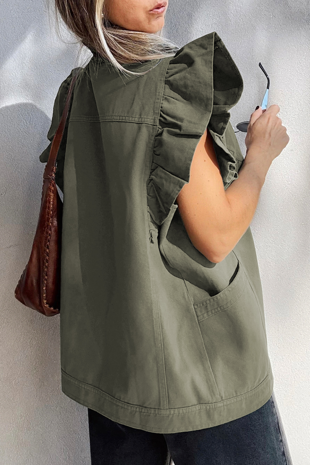 Green Bay Ruffled Patchwork Denim Jacket Vest - Image 2