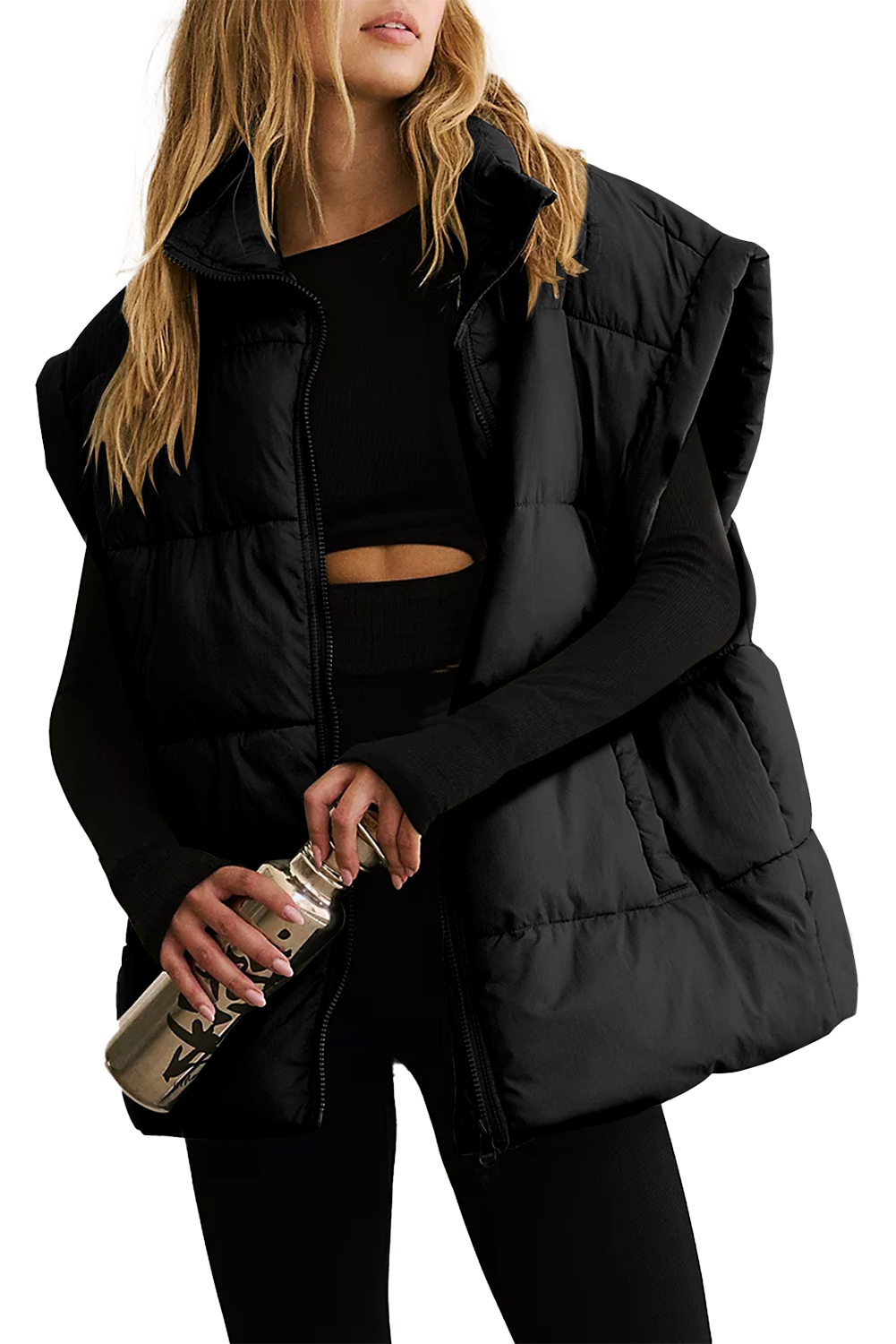 Beige Zipper Stand Neck Oversized Puffer Vest - Image 5