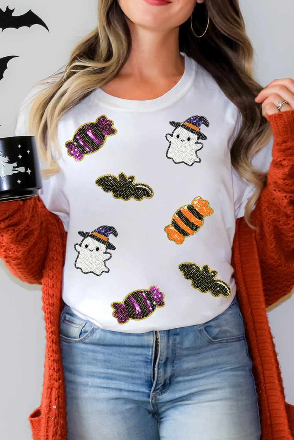 White Sequined Halloween Spirit Pattern Patched Custom Casual Tee - Image 3