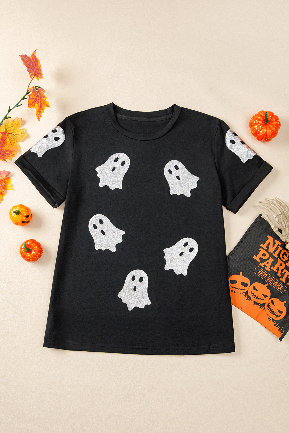 Black Glitter Ghost Pattern Crew Neck Halloween T Shirt - Image 7