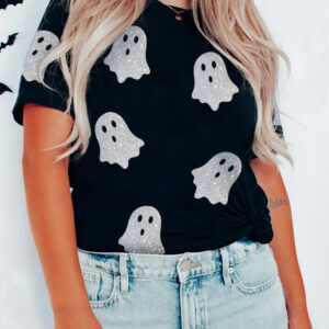 Black Glitter Ghost Pattern Crew Neck Halloween T Shirt