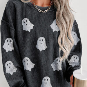 Black Halloween Ghost Corded Crew Neck Loose Sweatshirt