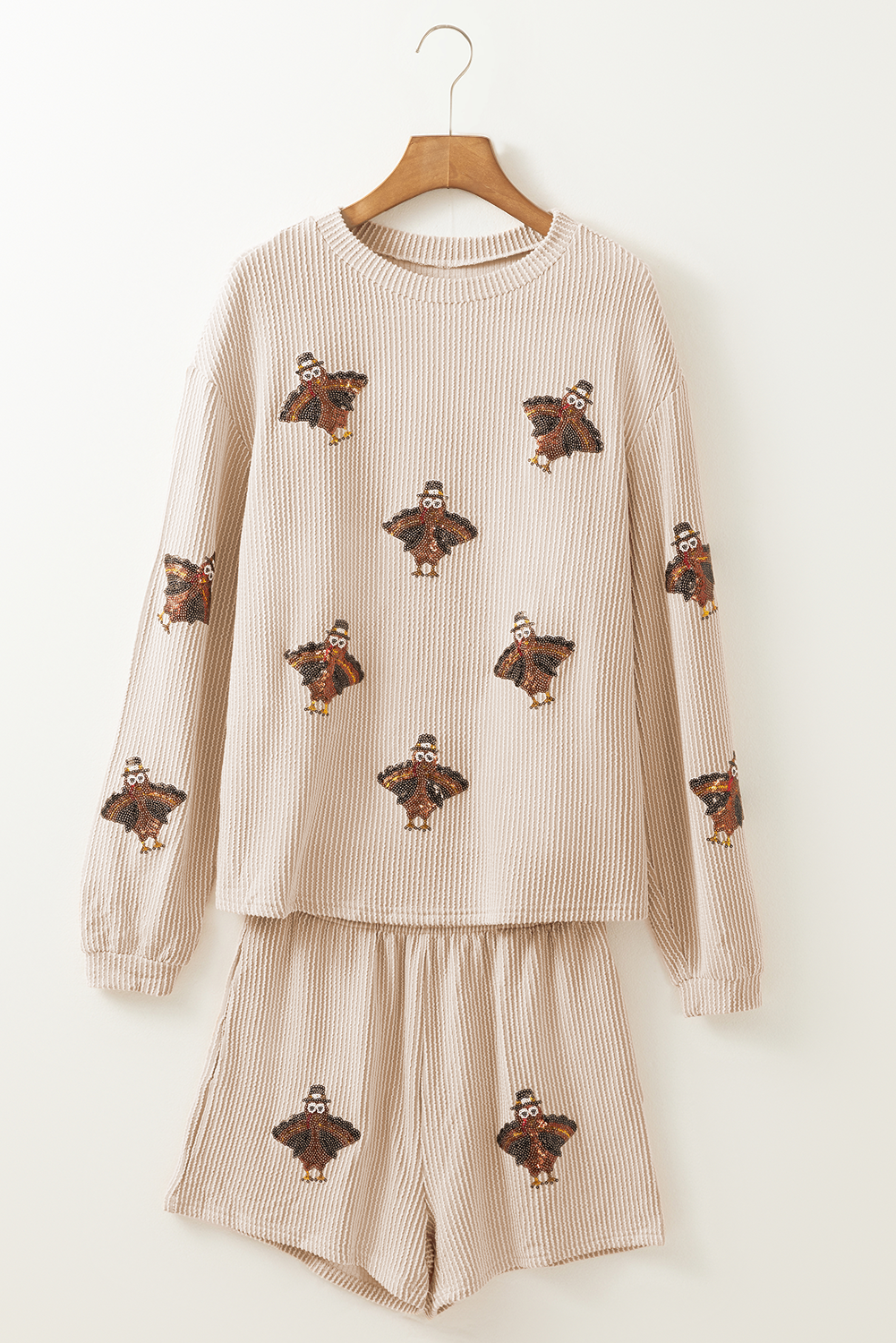 Parchment Thanksgiving Sequined Turkey Corded Knit Loose Fit Shorts Set - Image 3