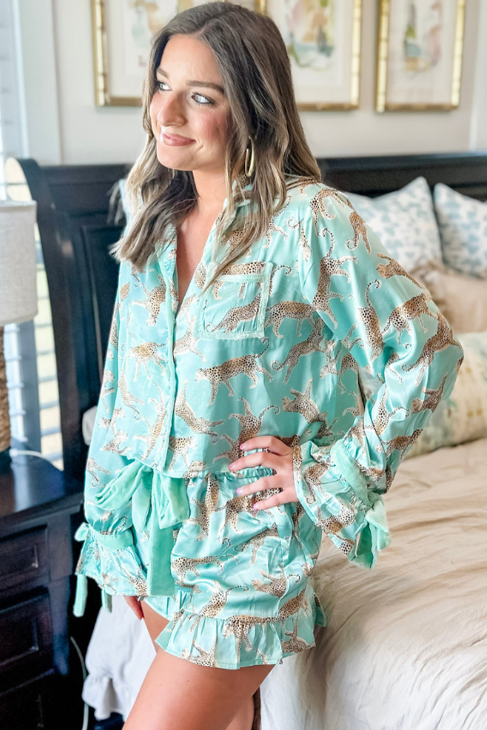 Green Leopard Satin Ruffle Pajama Short Set - Image 2