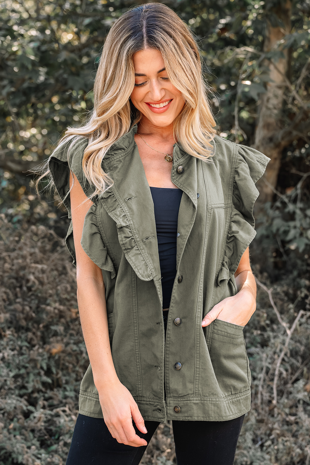 Green Bay Ruffled Patchwork Denim Jacket Vest - Image 14