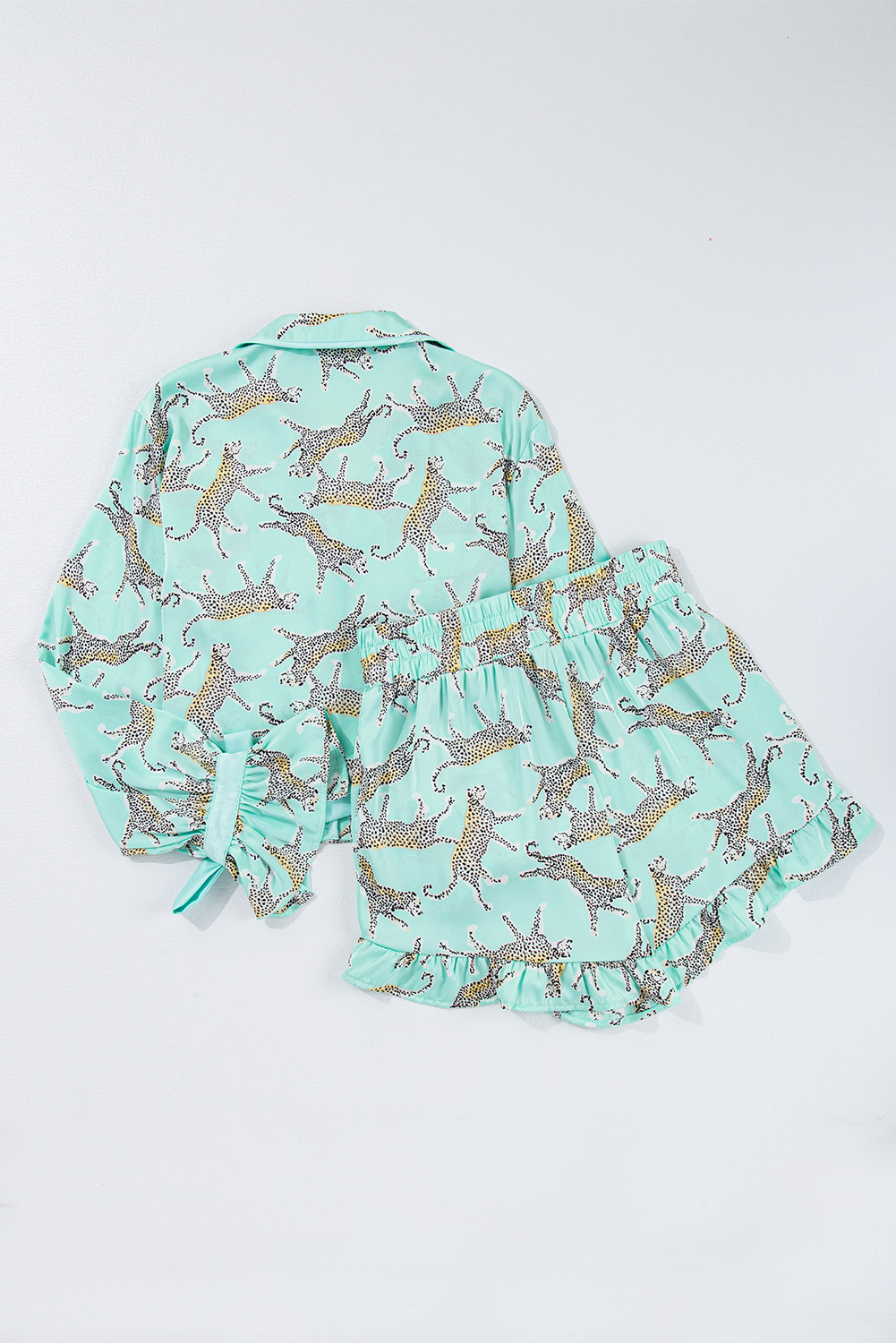 Green Leopard Satin Ruffle Pajama Short Set - Image 8