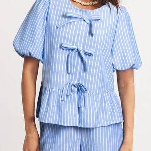 Sky Blue Striped Bowknot Detail Puffy Sleeve Top and Shorts 2Pcs Set