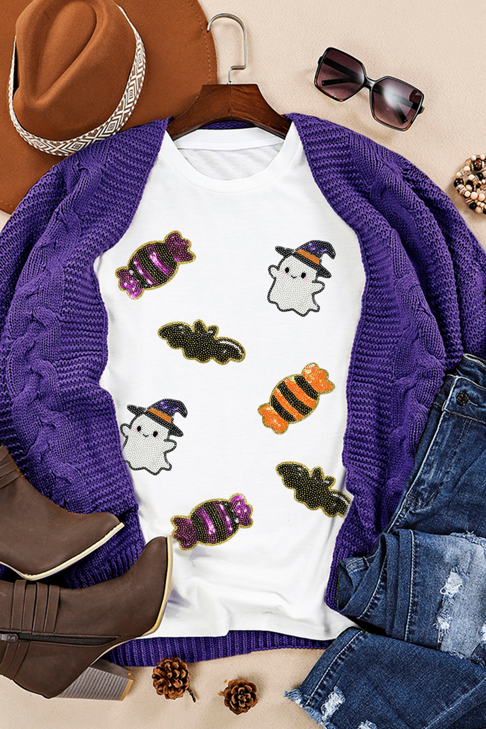 White Sequined Halloween Spirit Pattern Patched Custom Casual Tee - Image 2