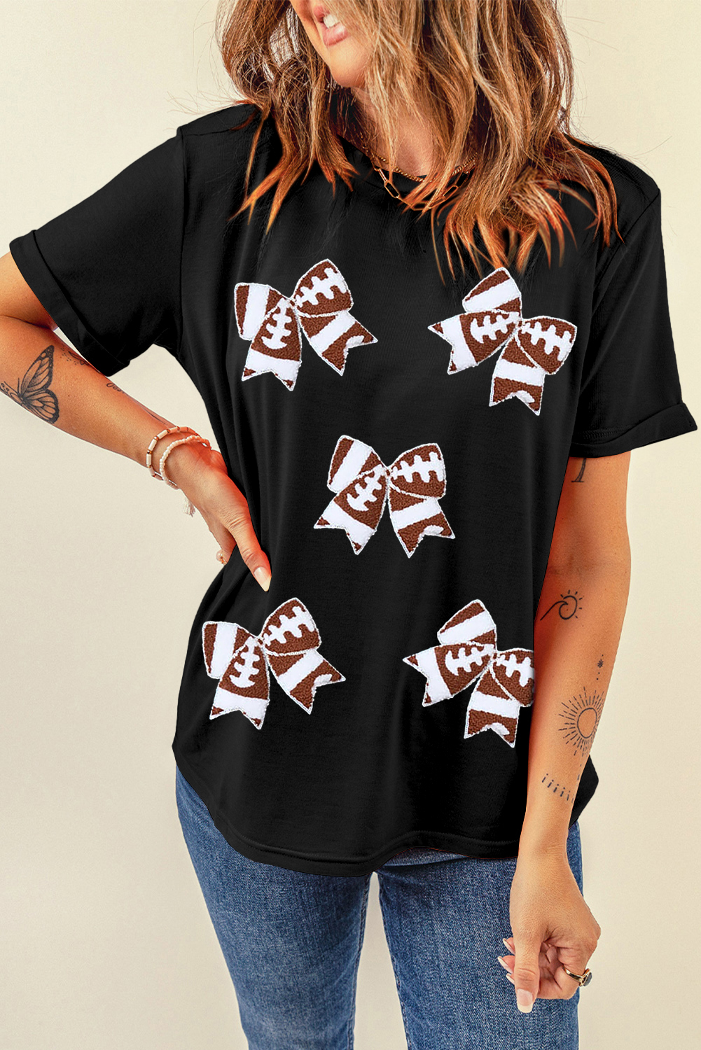 Black Rugby Football Bowknot Pattern Game Day T Shirt - Image 6