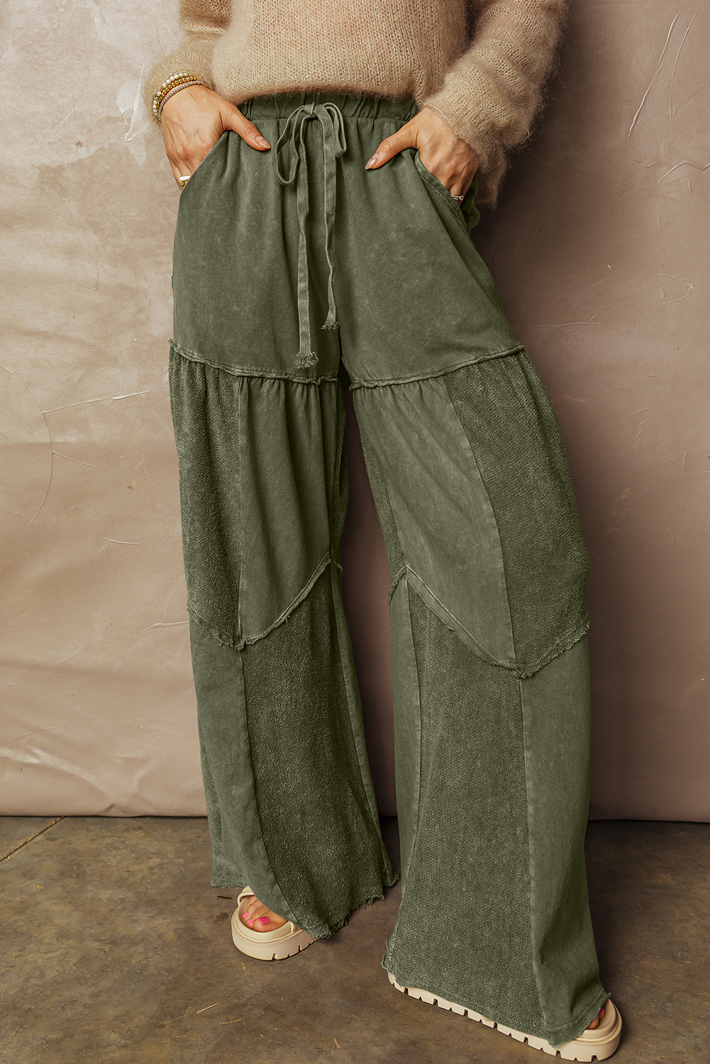 Black Mineral Wash Tiered Wide Leg Patchwork Drawstring Pants - Image 4