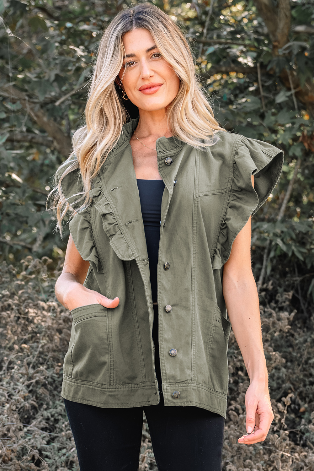 Green Bay Ruffled Patchwork Denim Jacket Vest - Image 9