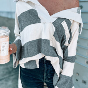 EVERLEEJAMES Stripe Oversized Collared Long Sleeve Top