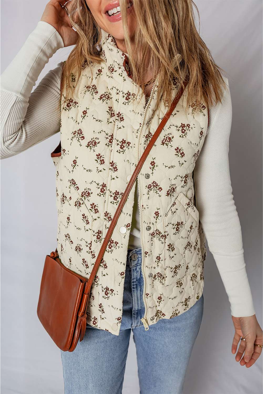 Apricot Floral Print Zip Up Quilted Vest - Image 6
