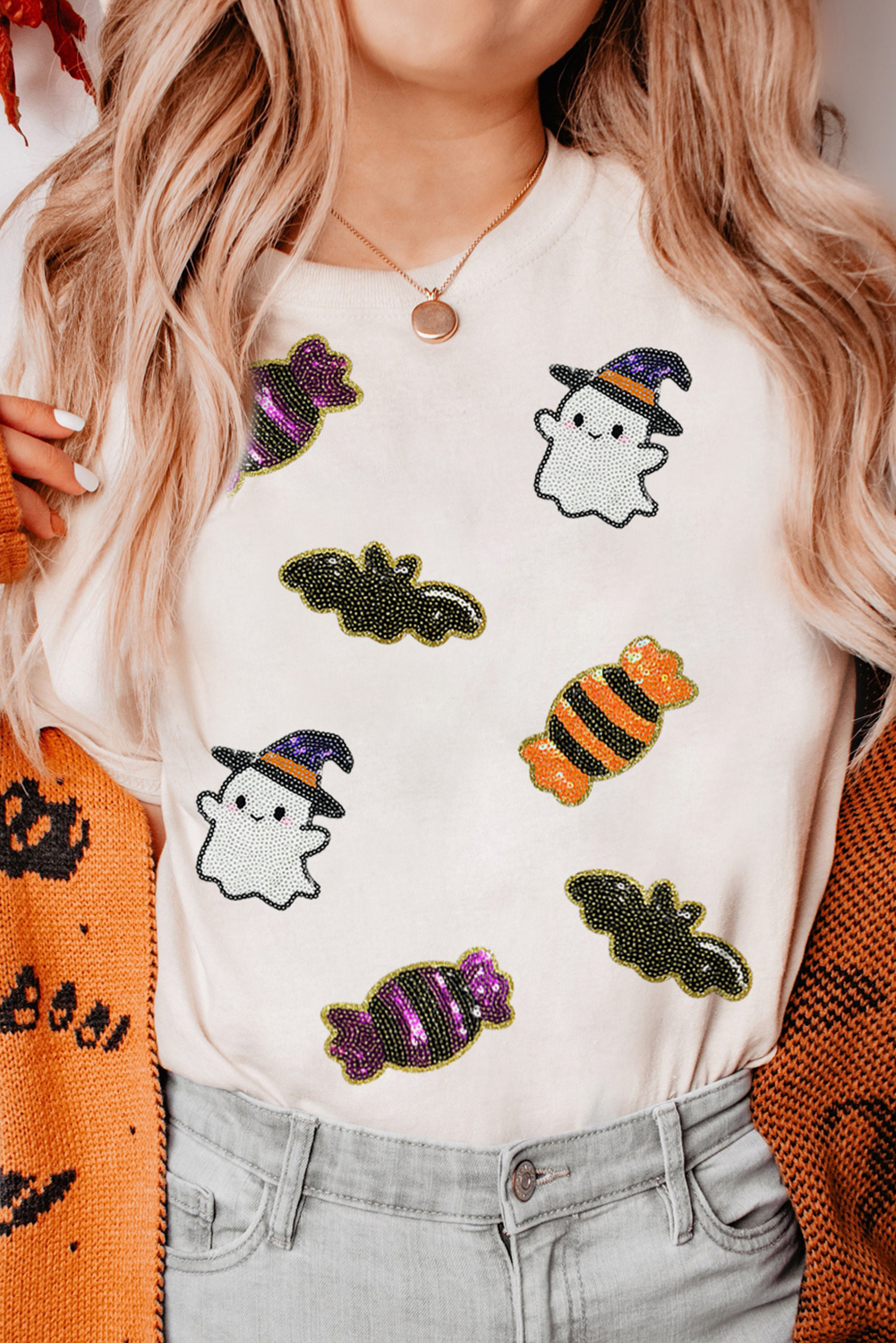 White Sequined Halloween Spirit Pattern Patched Custom Casual Tee - Image 7