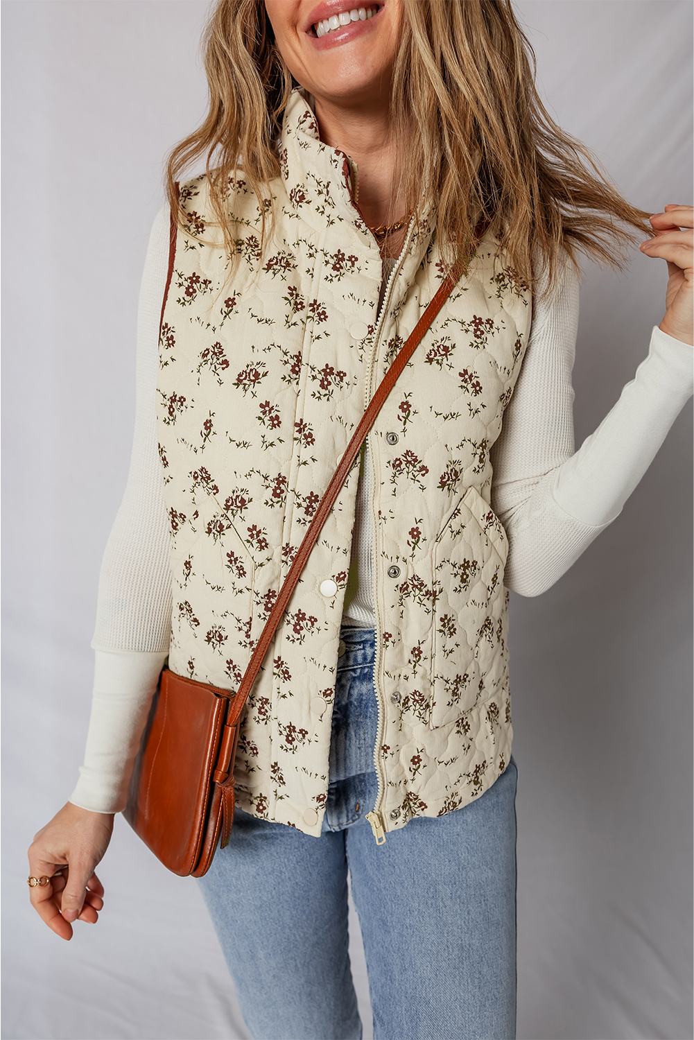 Apricot Floral Print Zip Up Quilted Vest - Image 7