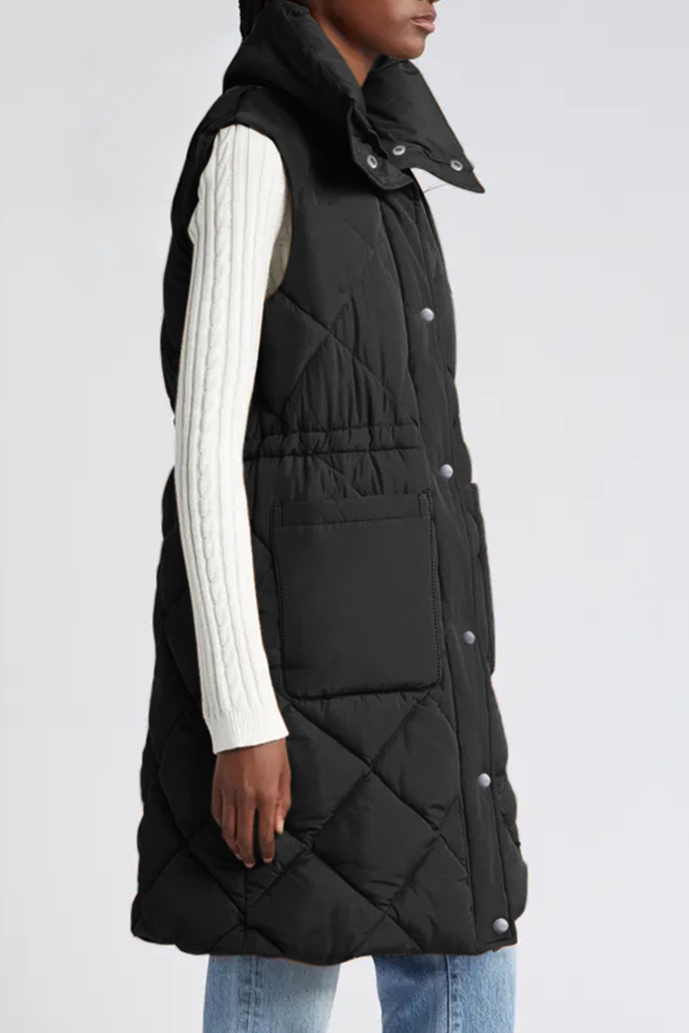 Coffee Longline Quilted Stand Collar Puffer Vest - Image 6