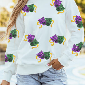 White Sequined Mardi Gras Mask Pattern Drop Shoulder Sweatshirt