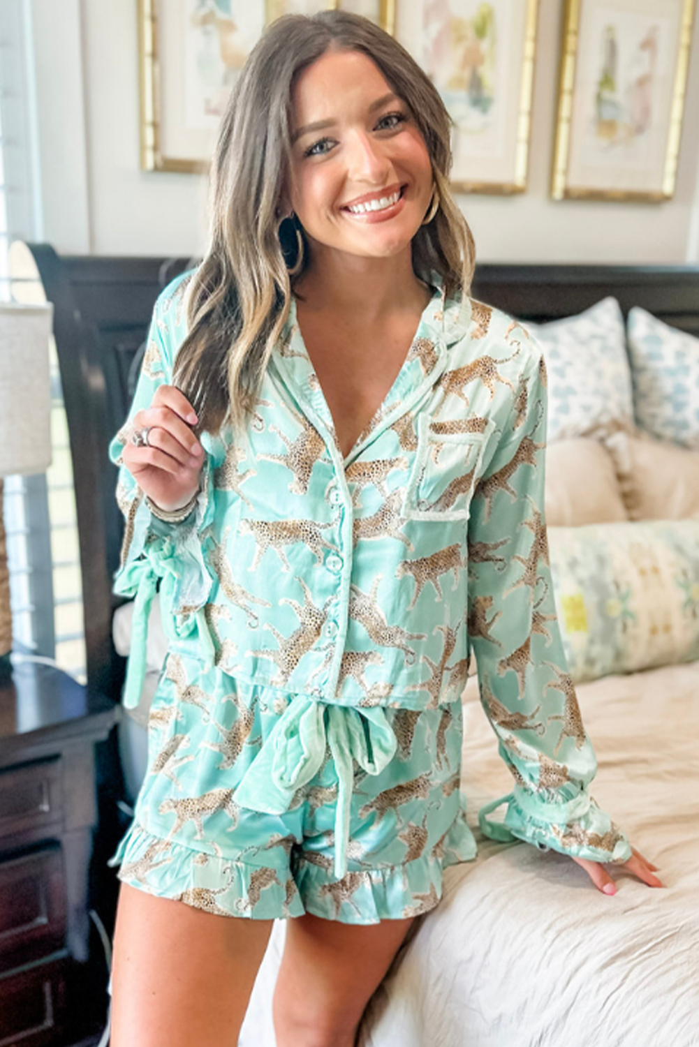 Green Leopard Satin Ruffle Pajama Short Set - Image 3