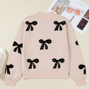 Smoke Gray Pearl Embellished Bow Pattern Loose Sweater