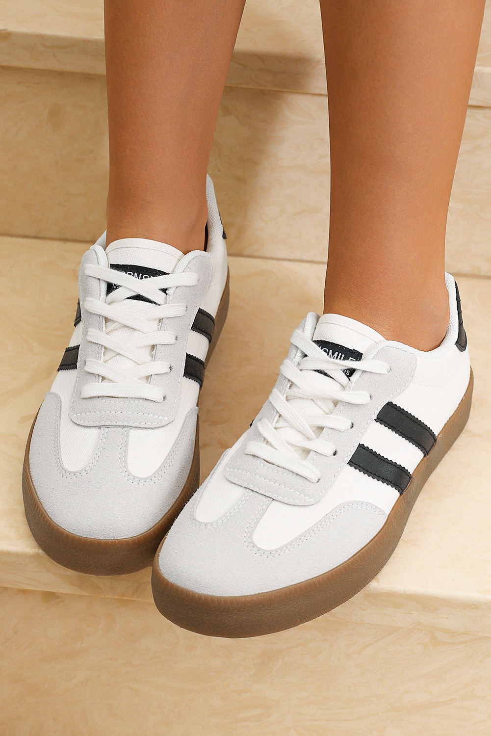 White Striped Lace-up Flat Sneakers - Image 4