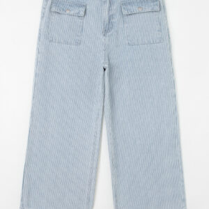 Sky Blue Stripe Button Flap Pocket Cuffed Hem Wide Leg Jeans