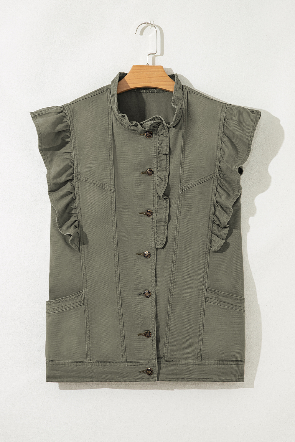 Green Bay Ruffled Patchwork Denim Jacket Vest - Image 6