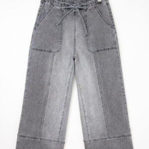 Gray Drawstring Seam Detail Raw Hem Wide Leg Denim Pants