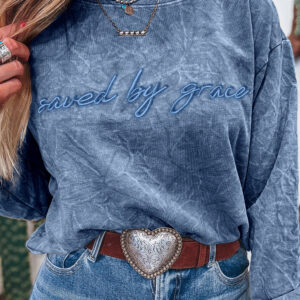 Real Teal saved by grace Letter Embroidery Mineral Wash Loose Sweatshirt