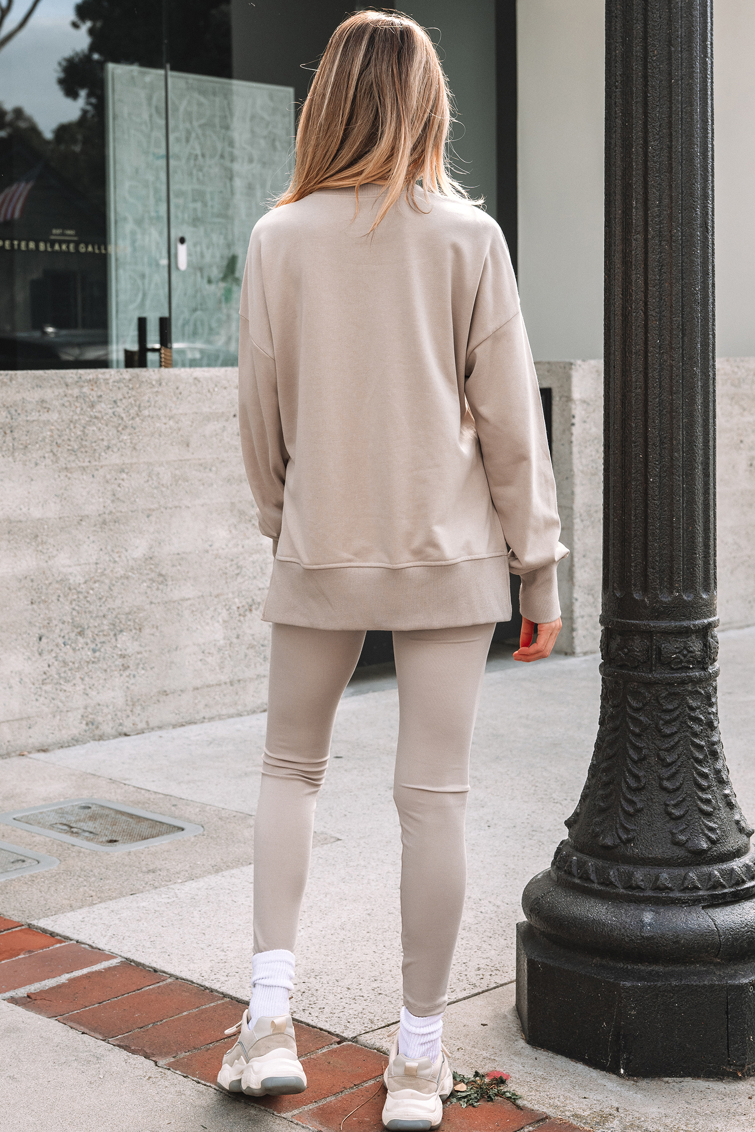 Jet Stream Solid Color Oversize Slit Sweatshirt Ribbed Leggings 2pcs Set - Image 5
