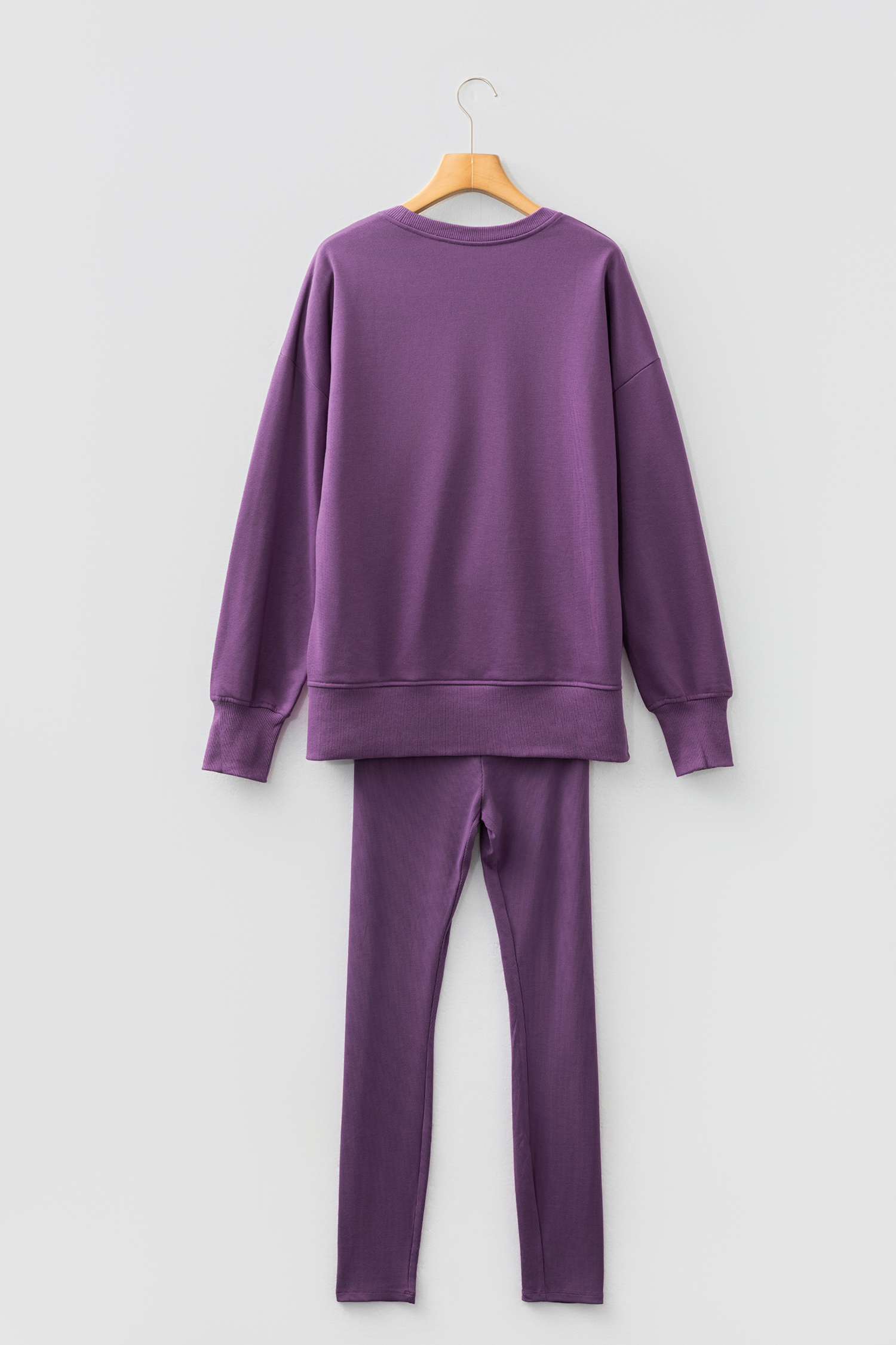 Jet Stream Solid Color Oversize Slit Sweatshirt Ribbed Leggings 2pcs Set - Image 16
