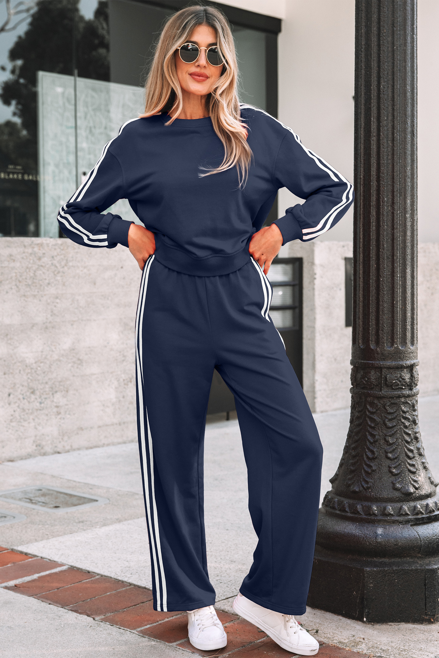 Fiery Red Varsity Striped Detail Crewneck Pullover Elastic Sweatpants 2pcs Outfit - Image 16