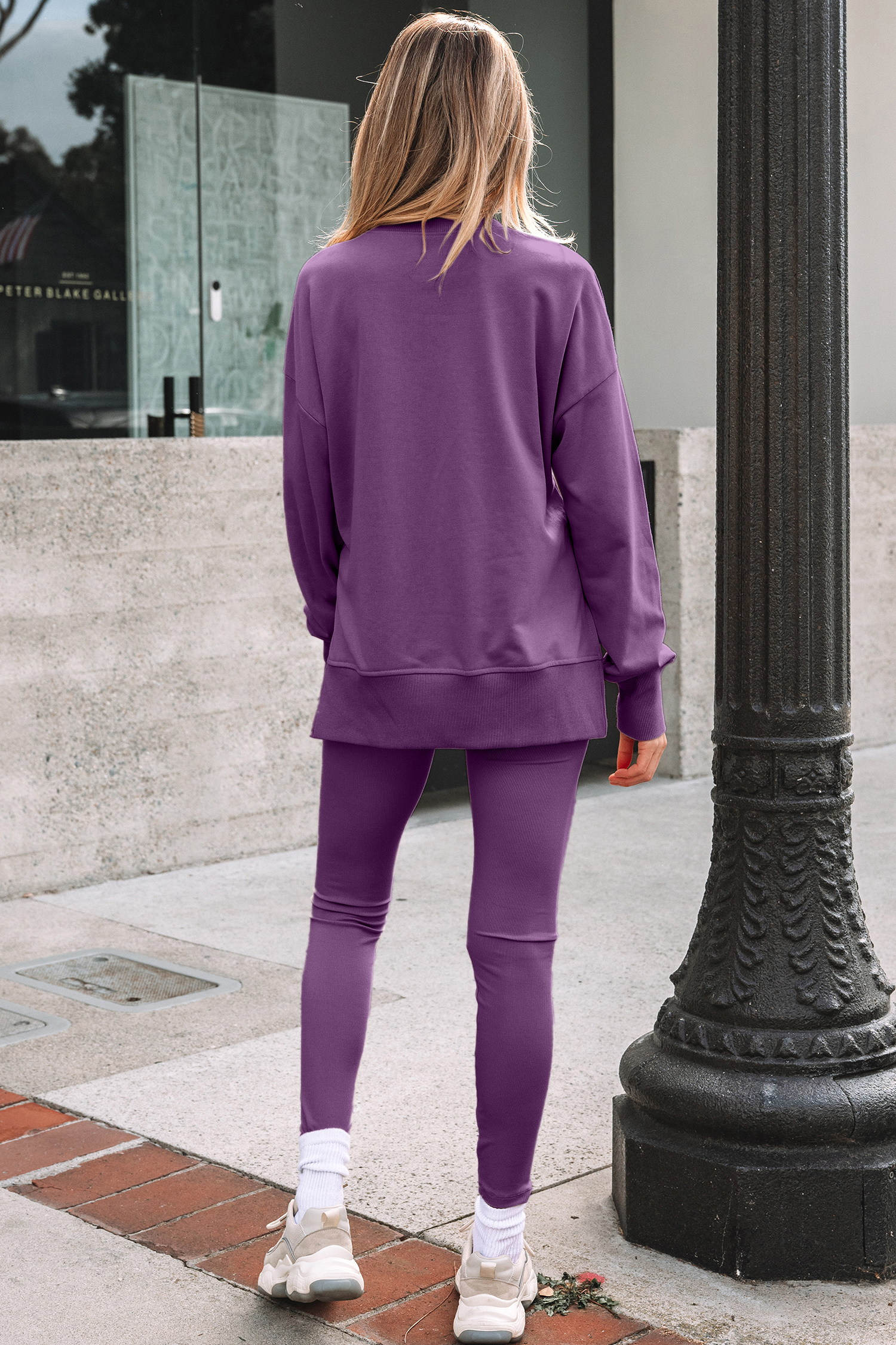 Jet Stream Solid Color Oversize Slit Sweatshirt Ribbed Leggings 2pcs Set - Image 23
